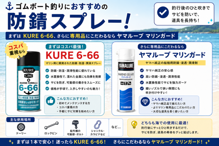 ゴムボート釣りにおすすめの防錆スプレー！まずはKURE 6-66、さらに専用品にこだわるならヤマルーブ マリンガード